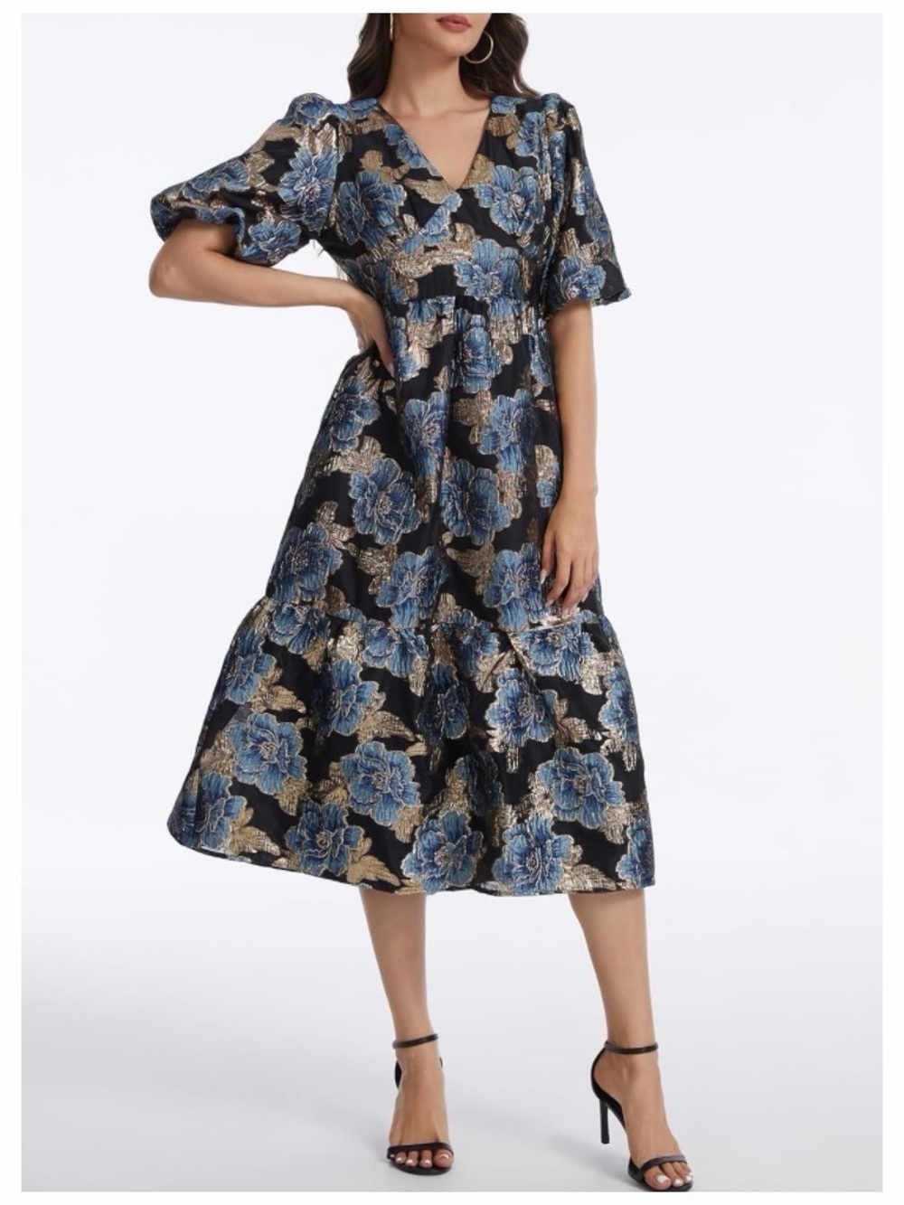 Ladyful Women's Floral Mesh V-Neck Short Puff Sleeve Cocktail Midi Dress Medium
